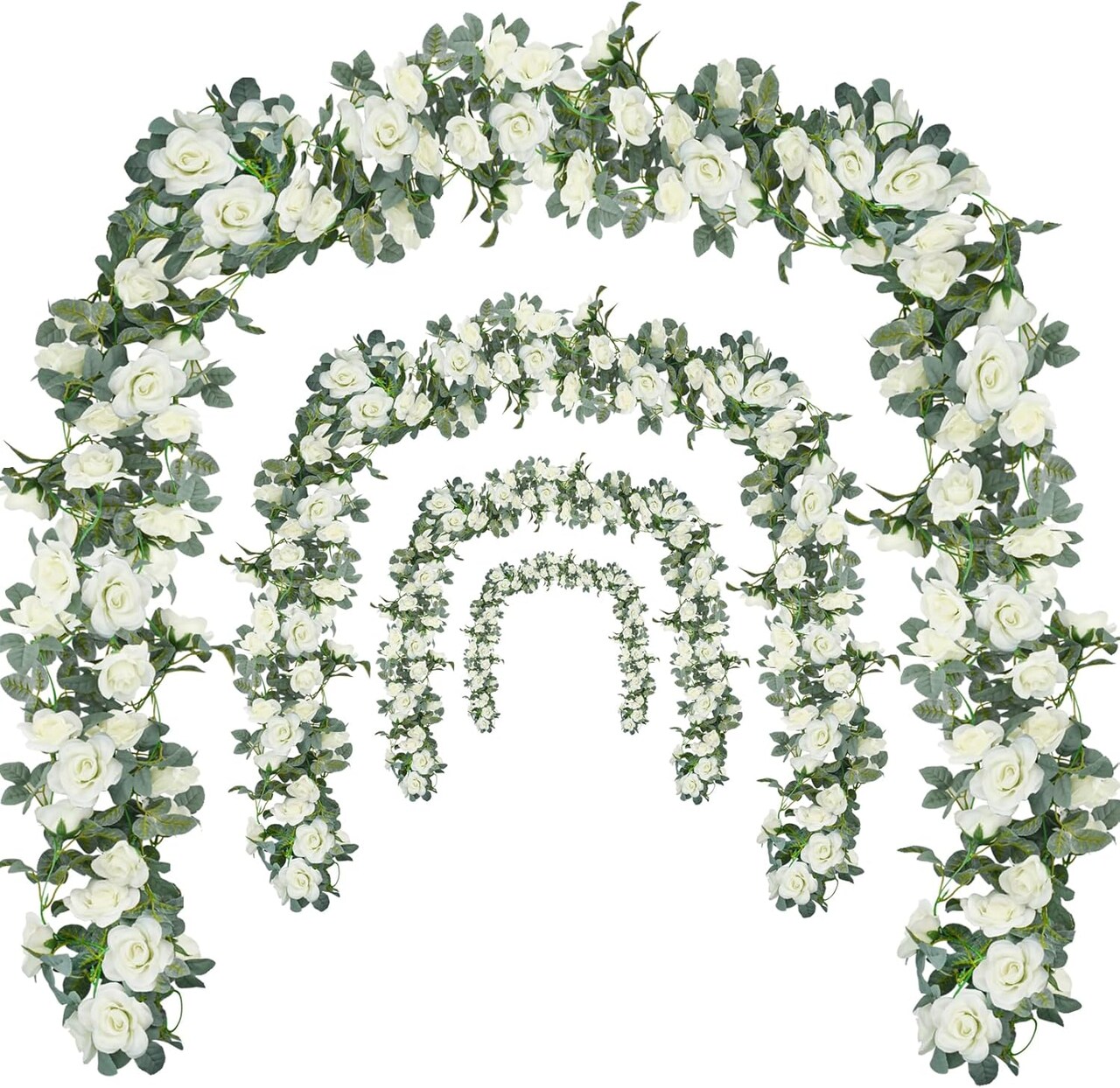 Flower Garland Rose Vine 4Pcs 28FT Artificial Floral Garland with Green Leaves Hanging Rose Vine for Wedding Party Garden Home Wall Decor (White)